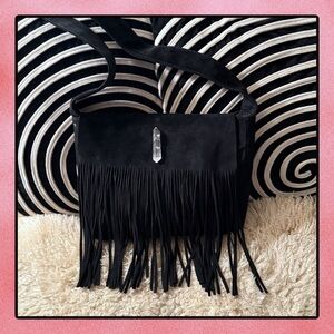 Vintage ESPRIT Black Suede Fringe Bag with Added Crystal Quartz